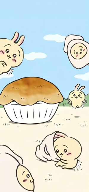 ちいかわ、うさぎとキャラクターが大きなカップケーキ近くで遊ぶ - モバイル壁紙
