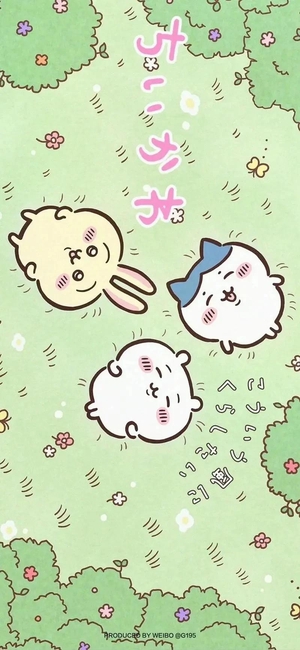 ちいかわ、ハチワレ、うさぎが芝生で横になってる - 壁紙