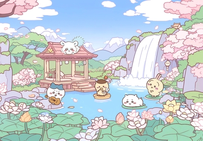 ちいかわキャラ（ちいかわ、ハチワレ、うさぎ、モモンガ）が蓮池・滝・桜のそばで遊ぶ - PC壁紙