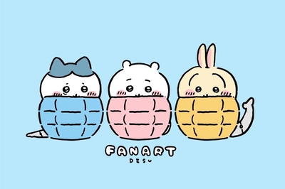 ちいかわ、ハチワレ、うさぎが格子のブランケットに包まれて - 壁紙