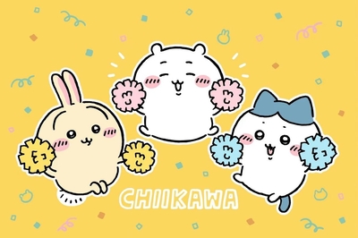 ちいかわ、うさぎ、ハチワレがポンポンを持って歓声を上げる - 壁紙
