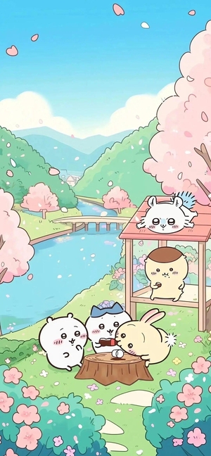 ちいかわ、ハチワレ、うさぎ、モモンガが桜の渓流で遊ぶ - ちいかわ壁紙