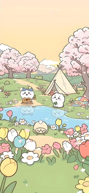 ちいかわ、ハチワレ、モモンガが桜の池辺でキャンプ、ギター弾く - ちいかわ壁紙