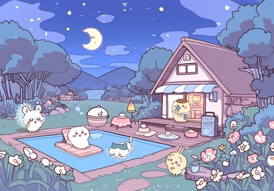 ちいかわキャラたちが夏の夜のプールパーティー - 壁紙