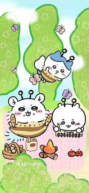 ちいかわ、ハチワレ、うさぎが森でピクニック - スマホ壁紙