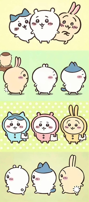 ちいかわ、ハチワレ、うさぎの可愛いインタラクションシーン - 壁紙
