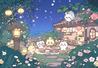 ちいかわ、ハチワレ、うさぎ、モモンガが夜の庭で食事 - ちいかわ壁紙
