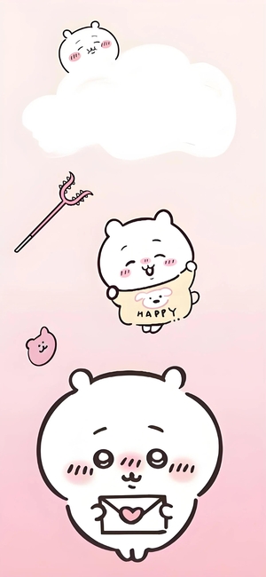 ちいかわキャラクター（手紙・HAPPYシャツ・雲近く）のかわいいピンク背景 - 壁紙